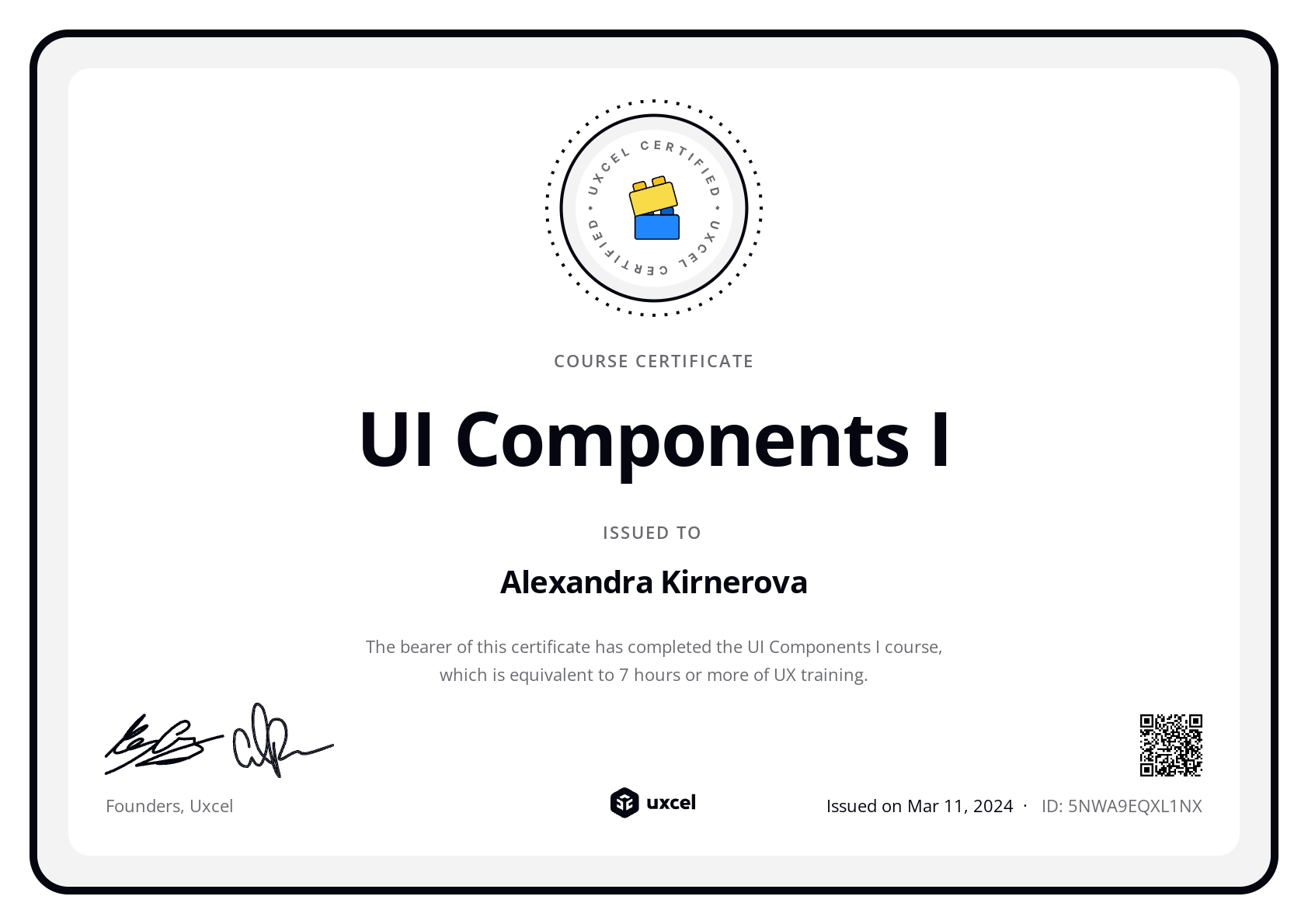Alexandra Kirnerova's certificate